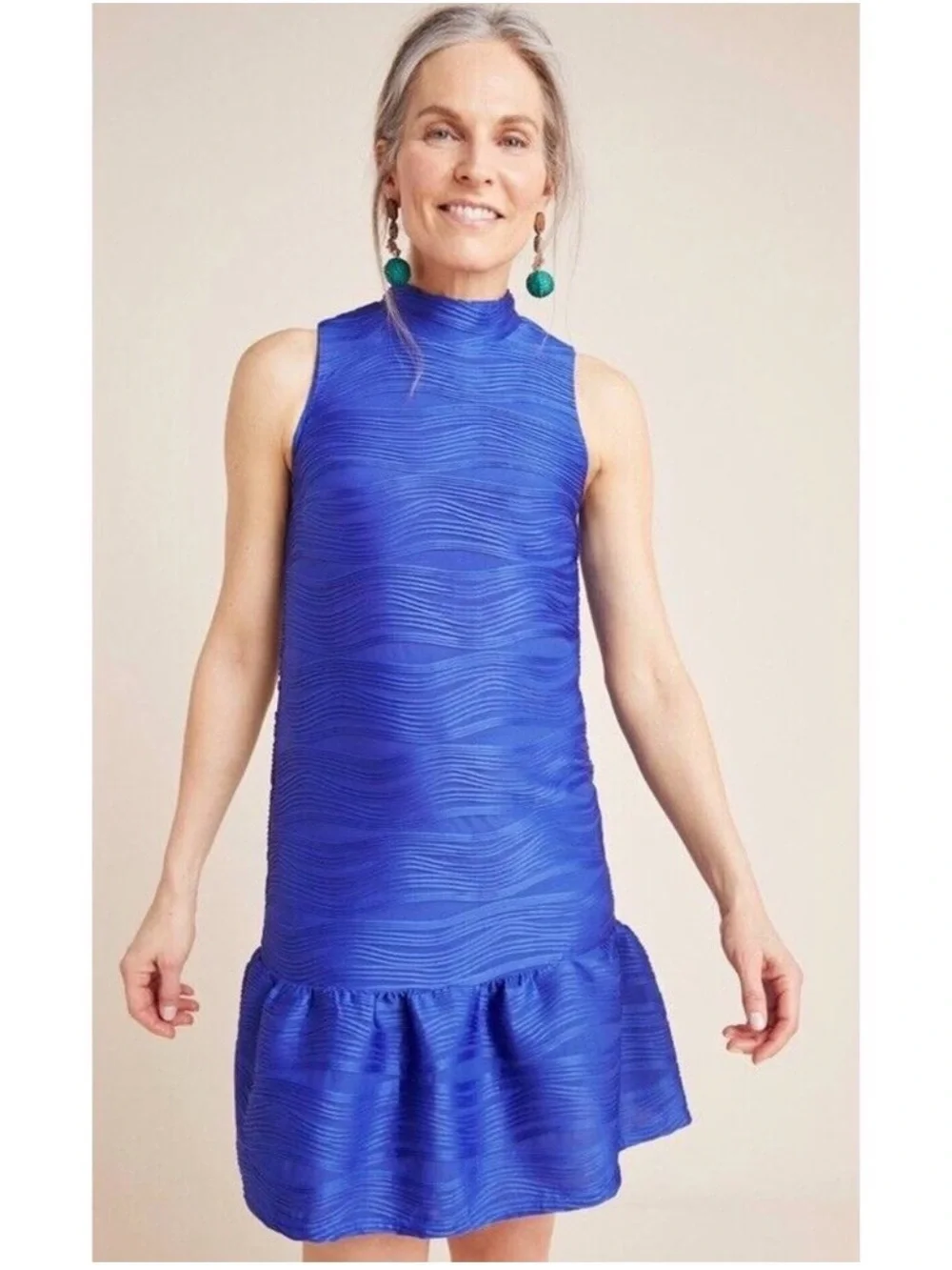 Anthropologie Hutch Mollie Royal Blue Textured Mock Neck Flounce Hem Size Lg